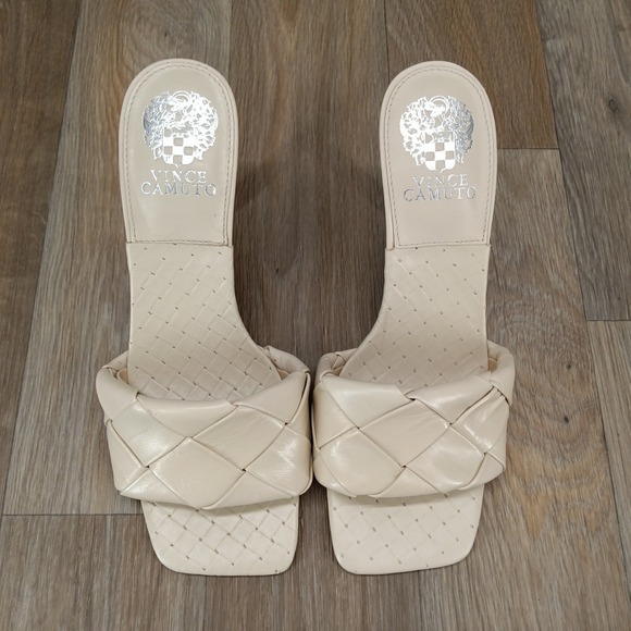 Vince Camuto Brelanie 7.5‎ Woven Leather Sandals Mules Square Toe Heels Beige - Picture 6 of 10